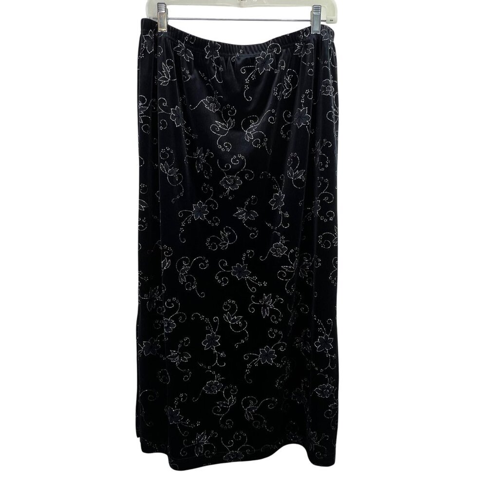 Vintage Y2K Black Velvet Maxi Skirt L Silver Metallic Floral Whimsigoth Grunge